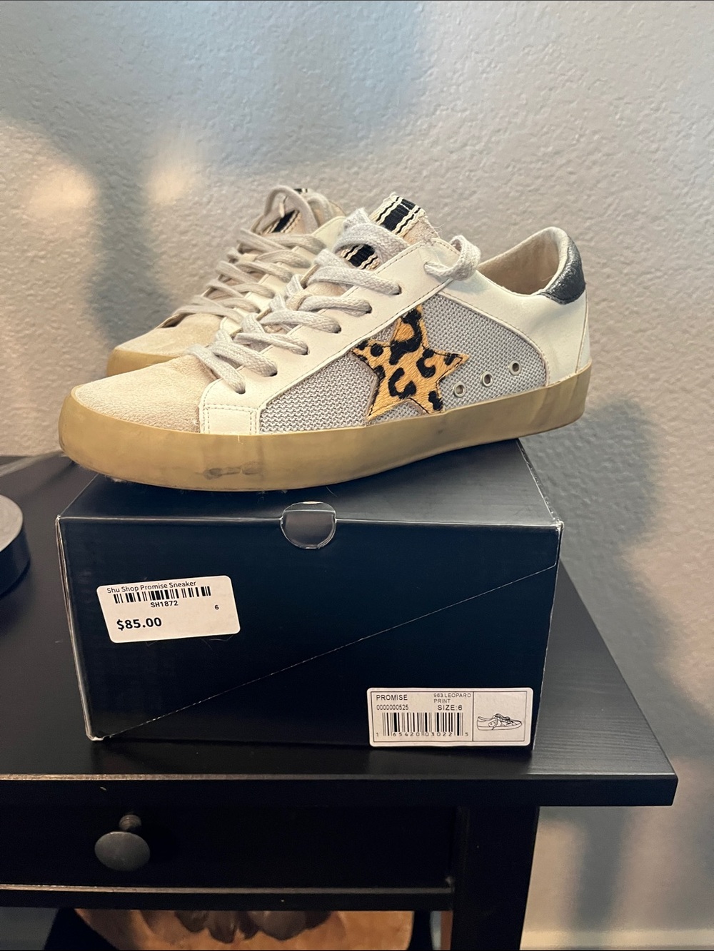 White Low-Top Sneakers with Leopard Star Accent